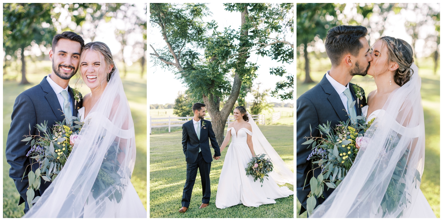 bride and groom on the lawn for portraits at Houston white barn wedding venue