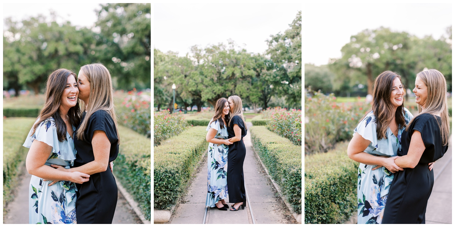 two women embracing inside a garden area at Hermann Park