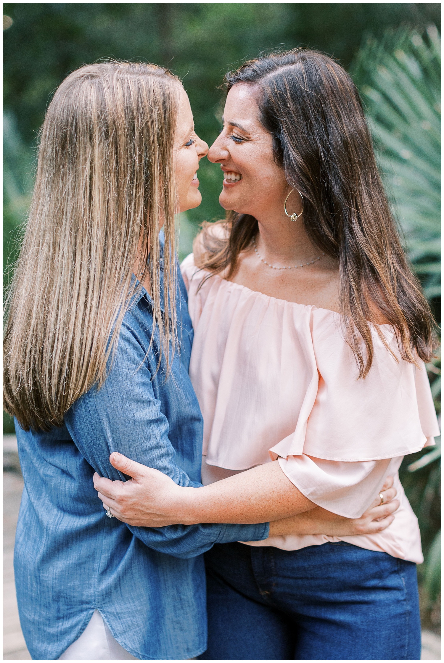brides posing nose to nose for Houston engagement session