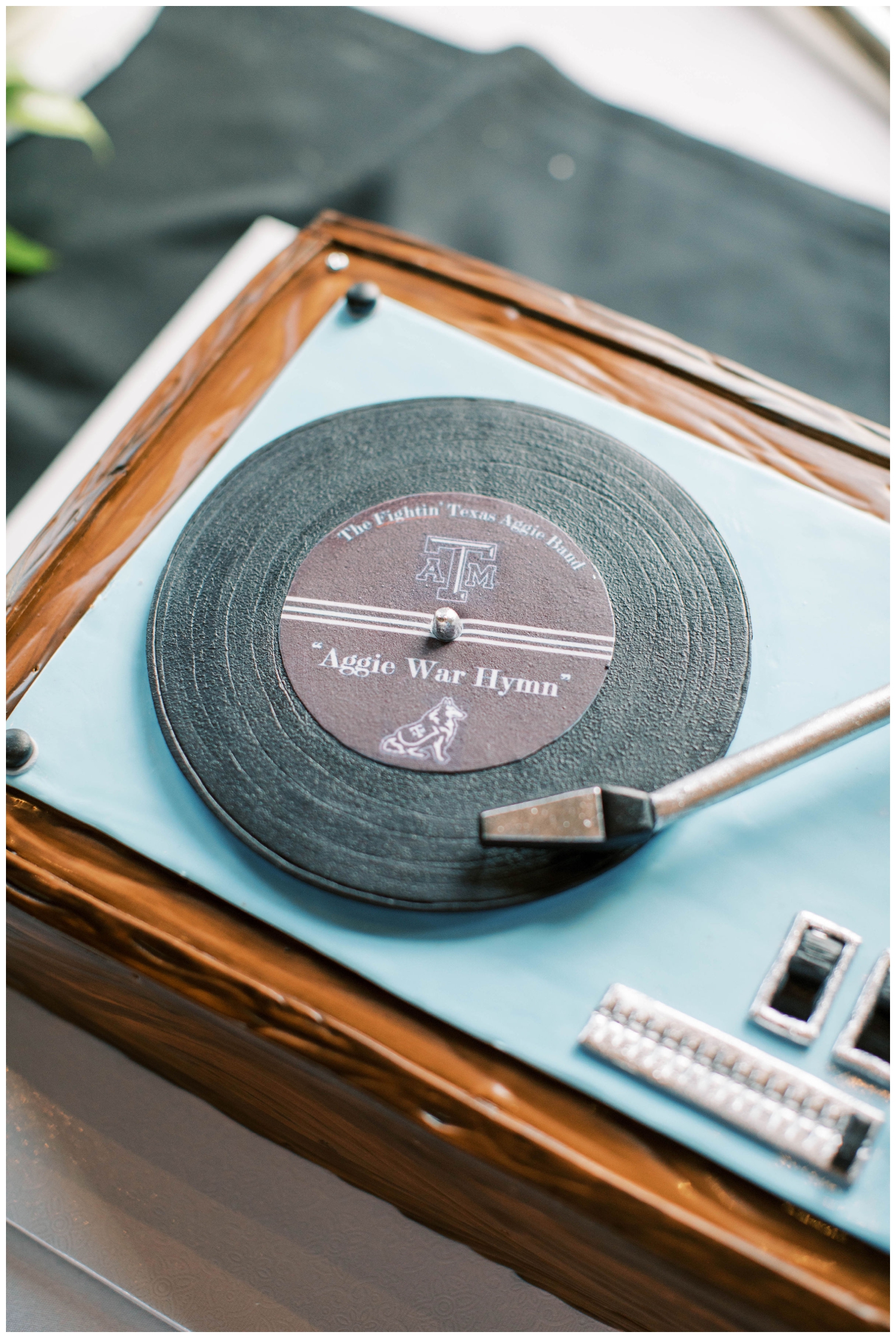record player cake with Aggie War Hymn The Annex Wedding venue