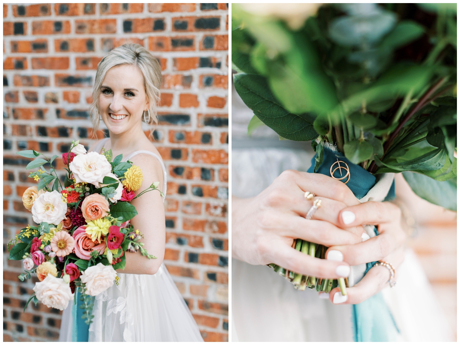 bridal portrait with close up of bouquet by brick wall for The Annex Wedding