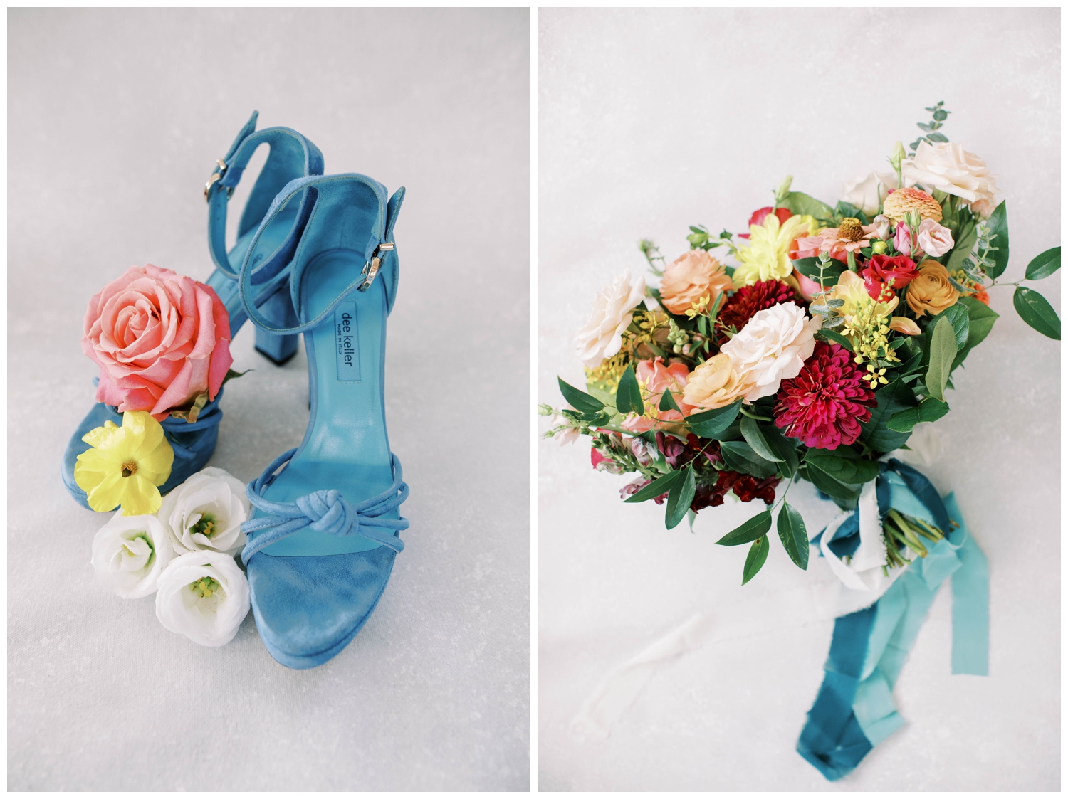 bright bouquet with blue heels and florals for The Annex Wedding venue