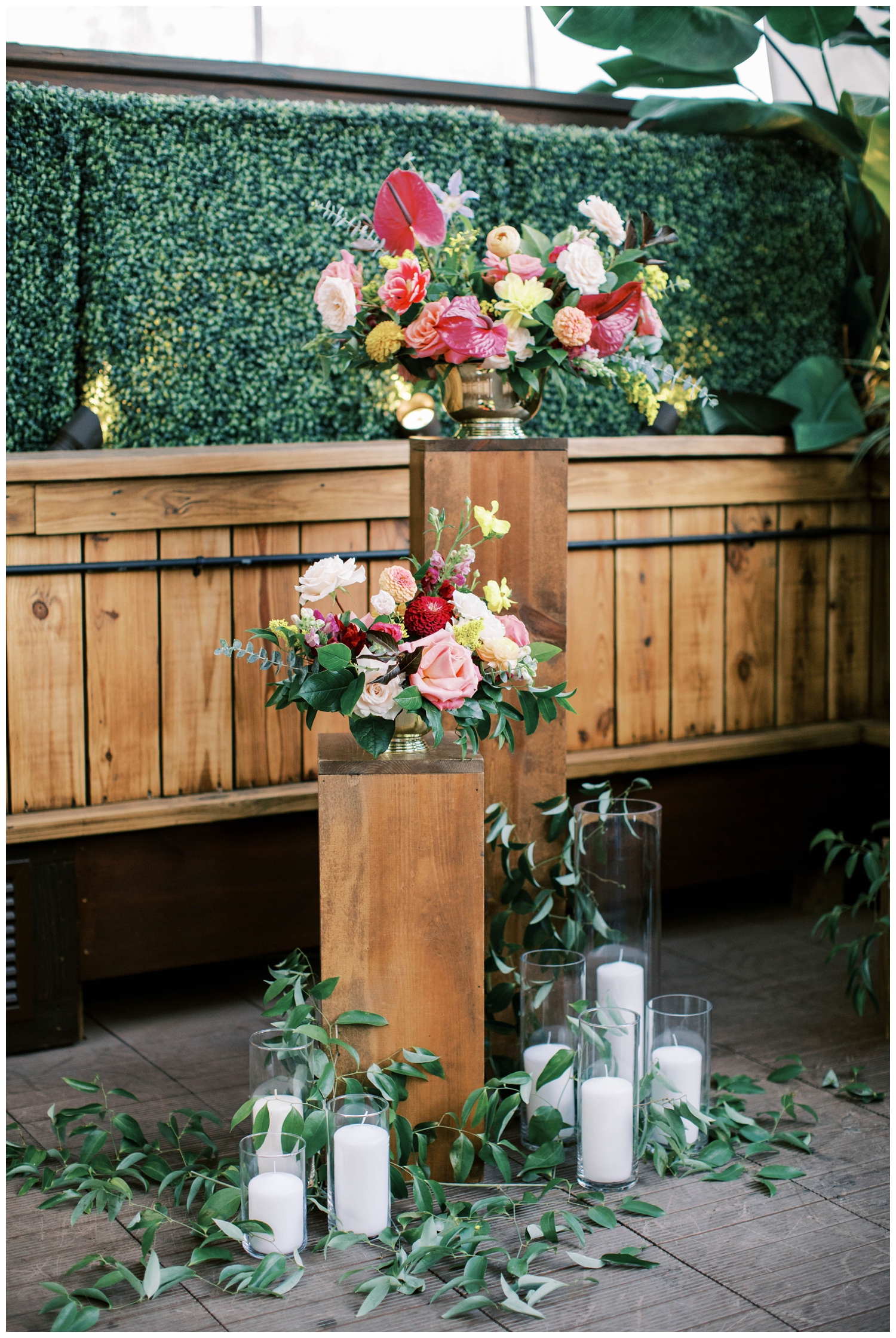 bright floral installation for wedding ceremony