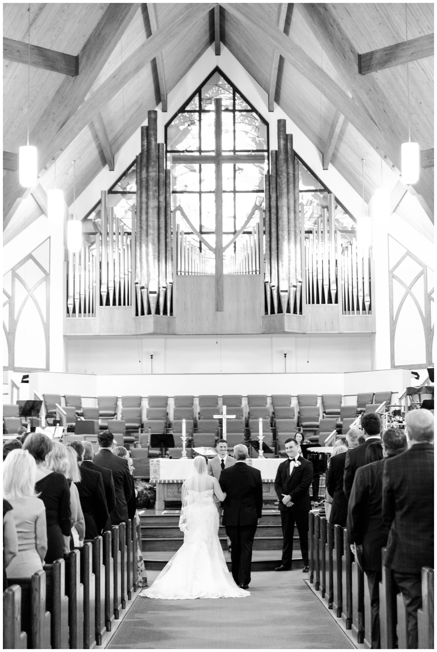 black and white portrait of ceremony at Sugarland Methodist Church
