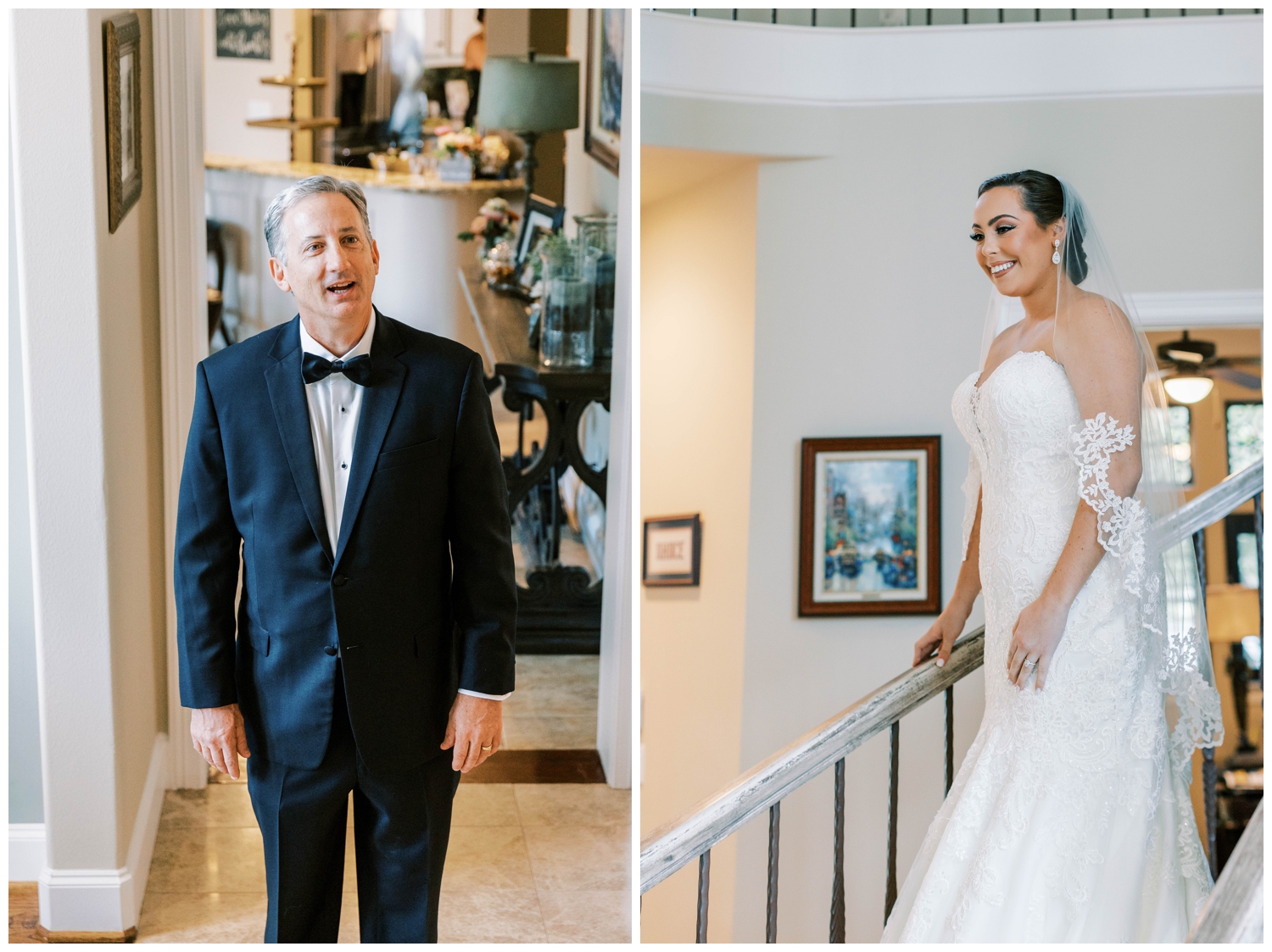 father seeing his daughter walk down stairs in wedding gown