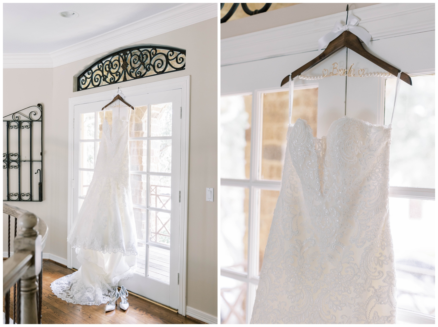 white wedding gown hanging in front of window