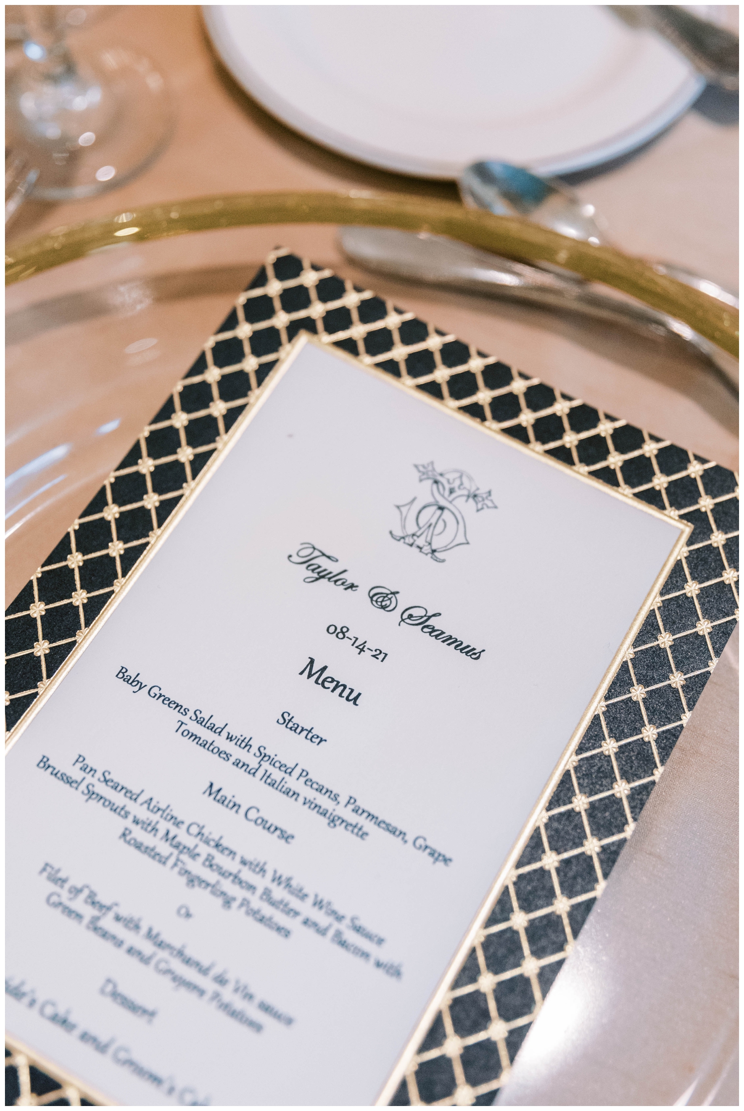 black and gold menu card inside bride and groom kissing in front of vintage car outside Junior League wedding reception