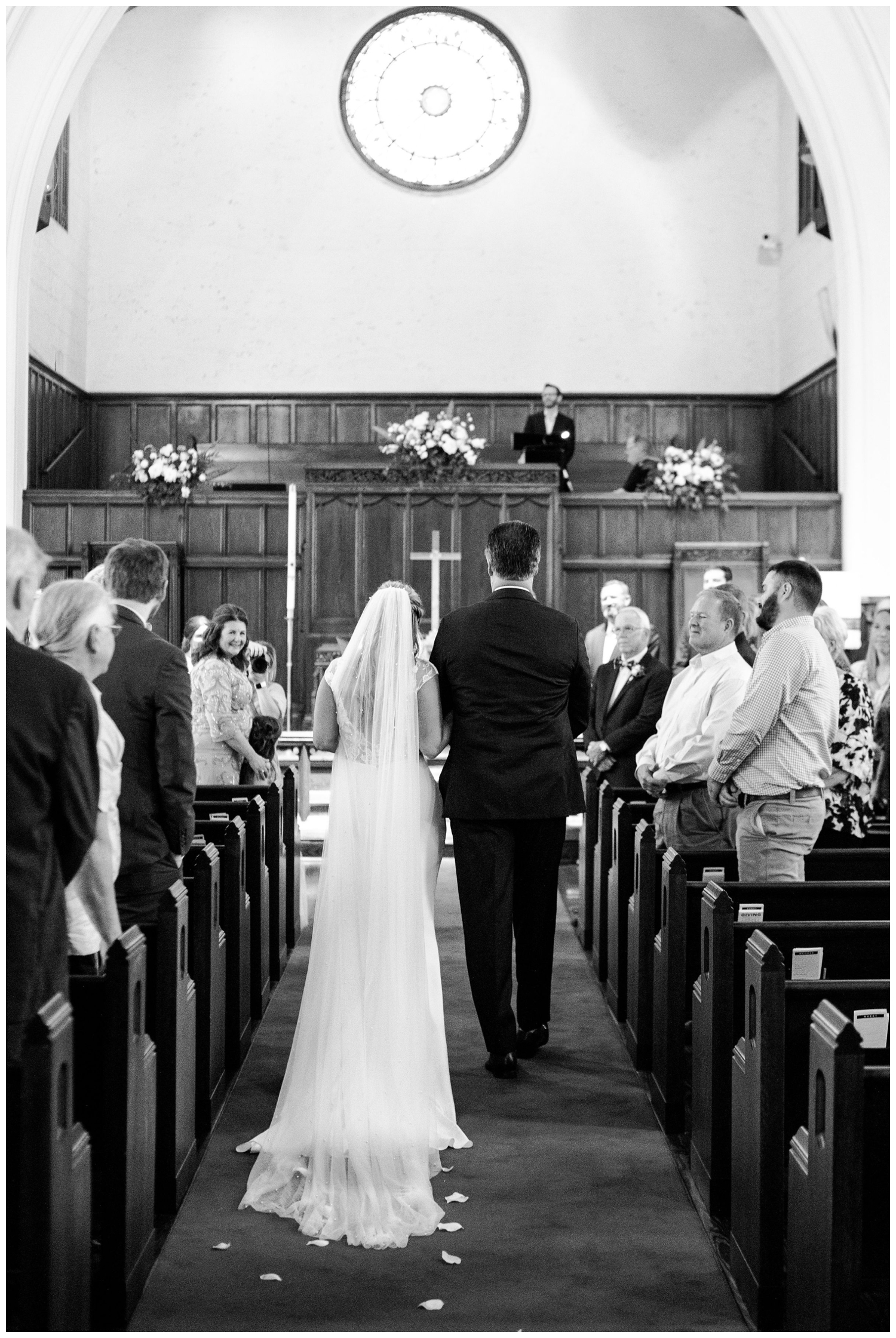 St. Marks UMC wedding ceremony black and white bride and father entrance