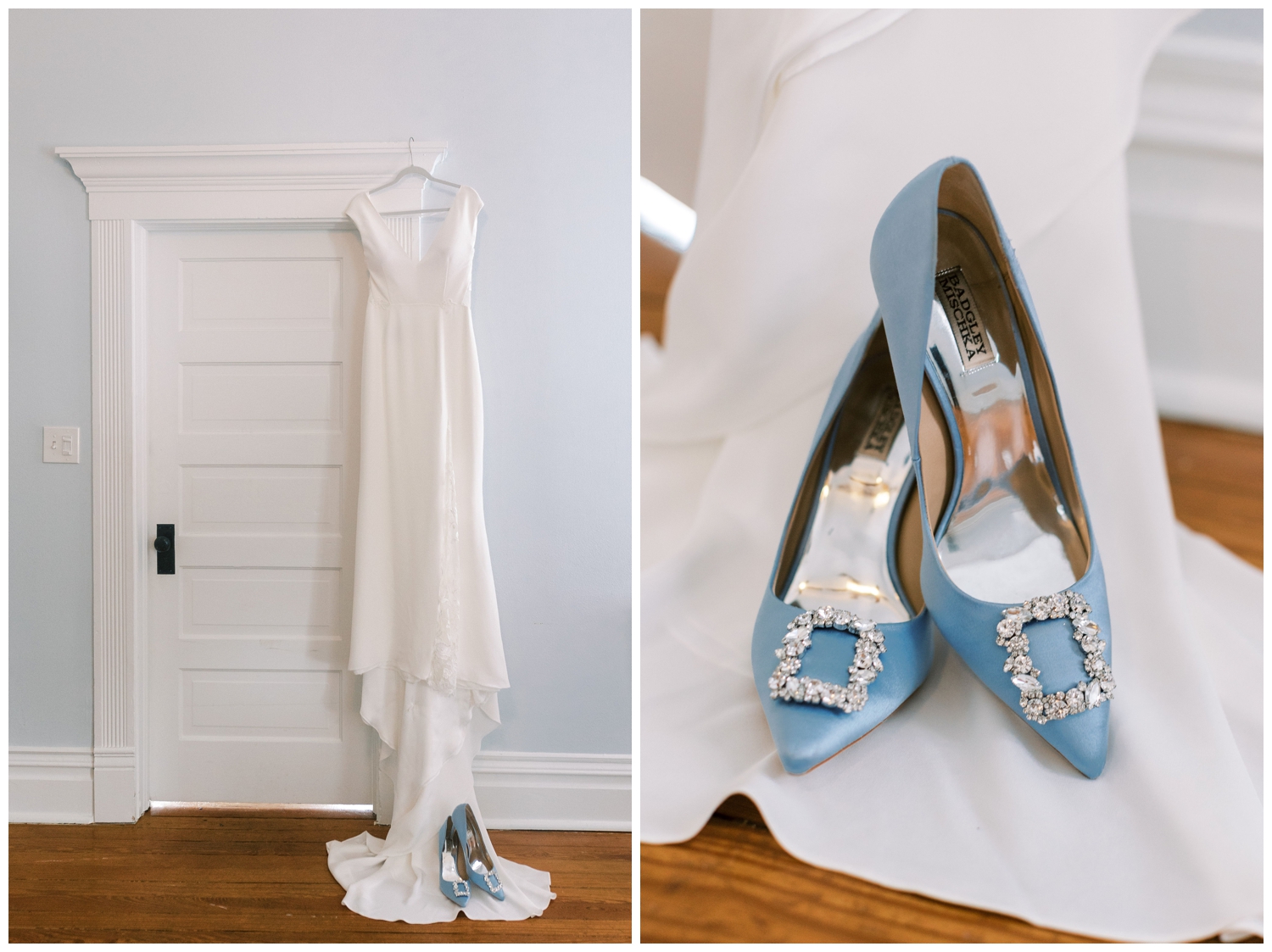 blue wedding shoes and wedding gown
