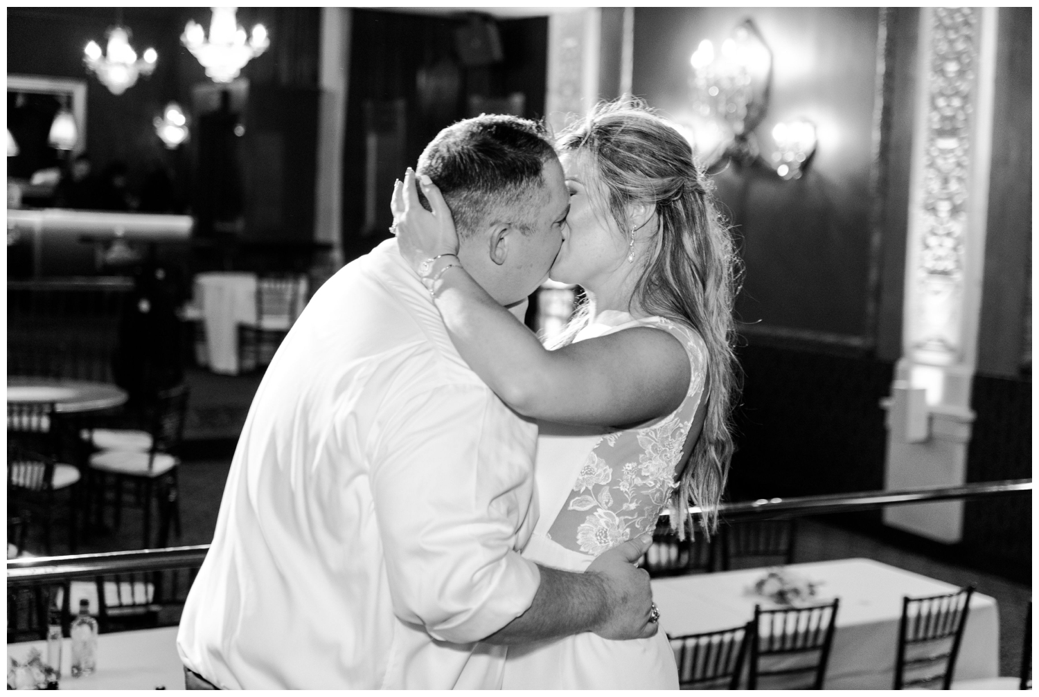 black and white photo bride and groom kissing last dance Majestic Metro Wedding