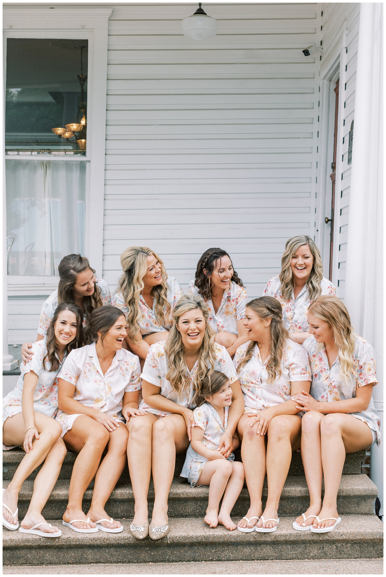 bride with bridesmaids in matching pajamas