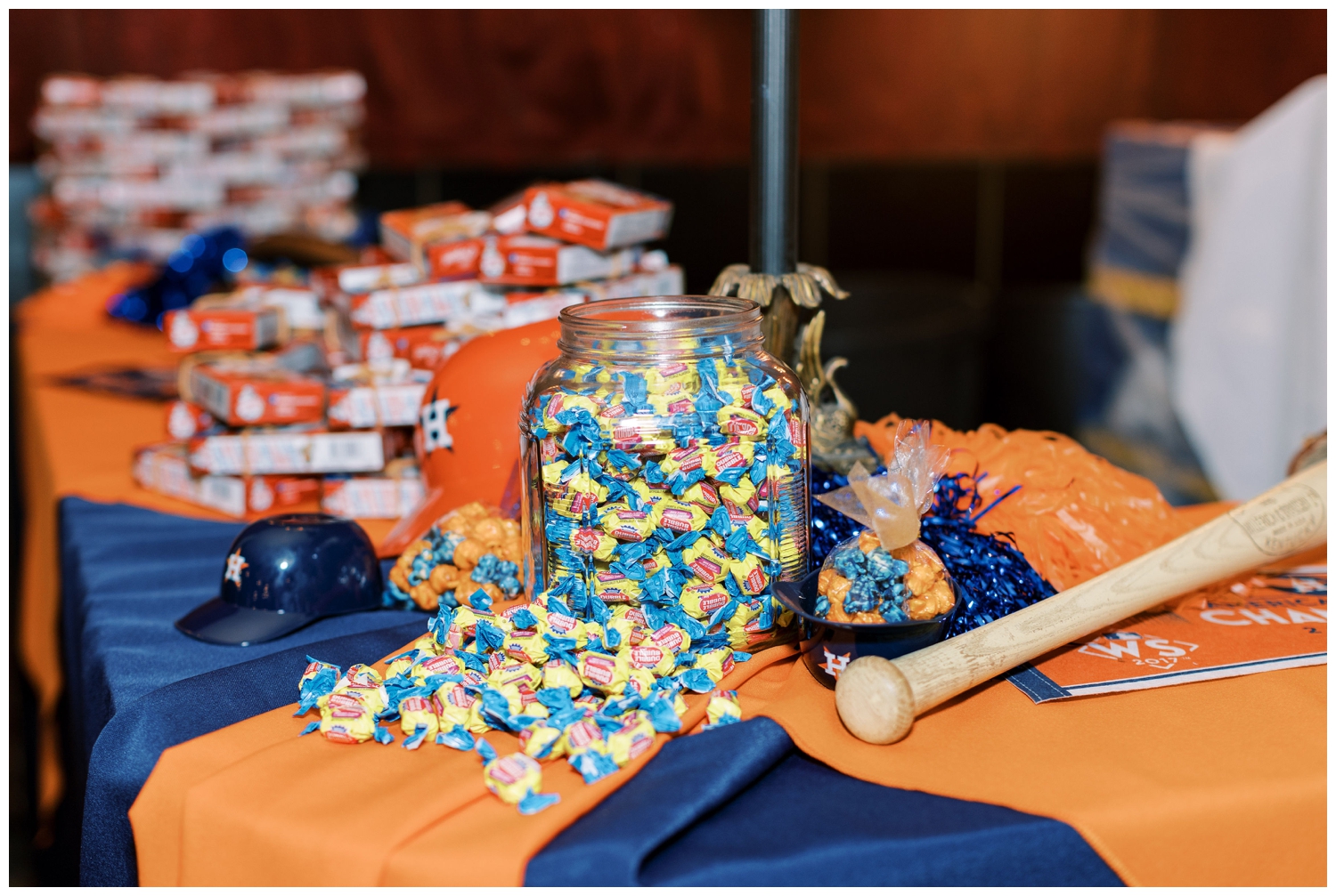 bubble gum and Astros gear at reception at Majestic Metro Wedding