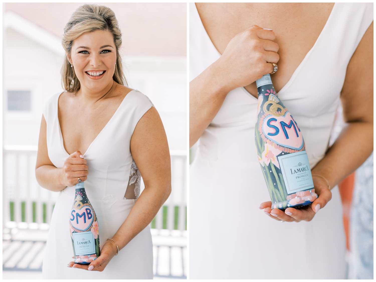 bride holding monogrammed champagne bottle