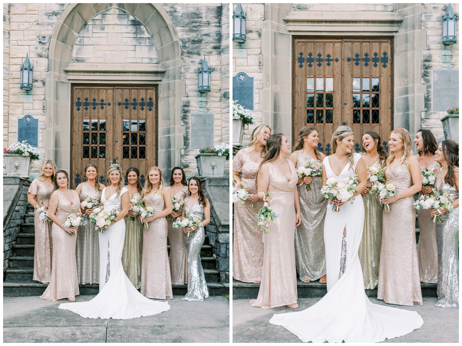bride with bridesmaids in front of St Marks United Methodist Church Houston