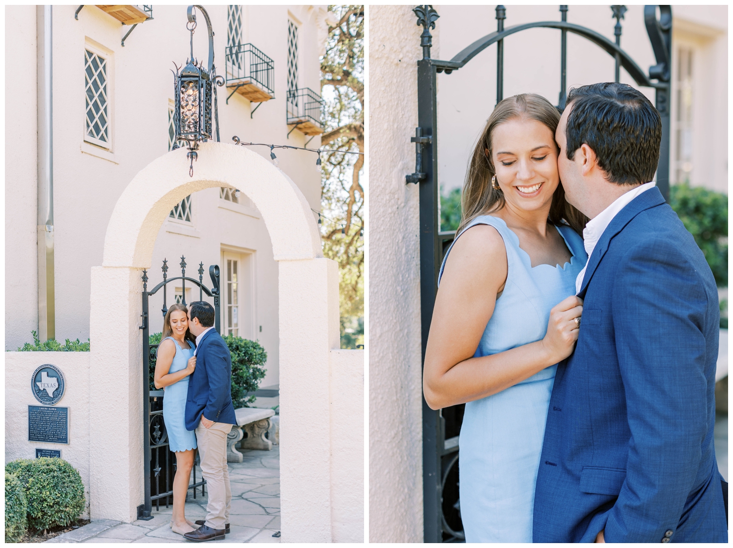 couple in blue suit and blue dress outside Laguna Gloria in Austin, Texas