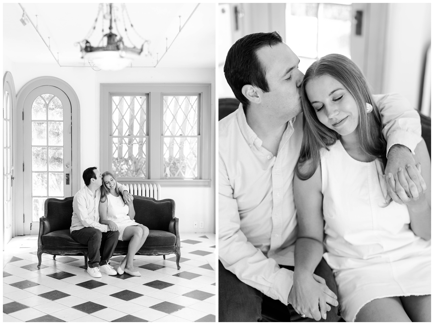 black and white photos of couple sitting on couch for Laguna Gloria