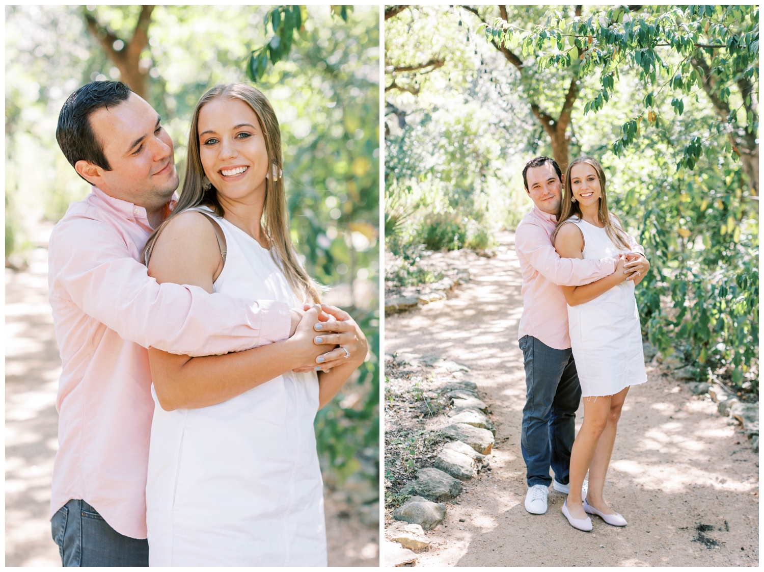 engagement session with couple hugging and standing on pathway with green trees