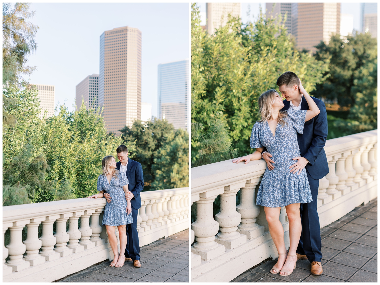 couple standing on Sabine Street bridge in front of Houston skyline