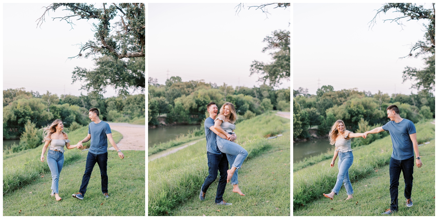 playful poses of couple walking on a hill at Eleanor Tinsley engagement session