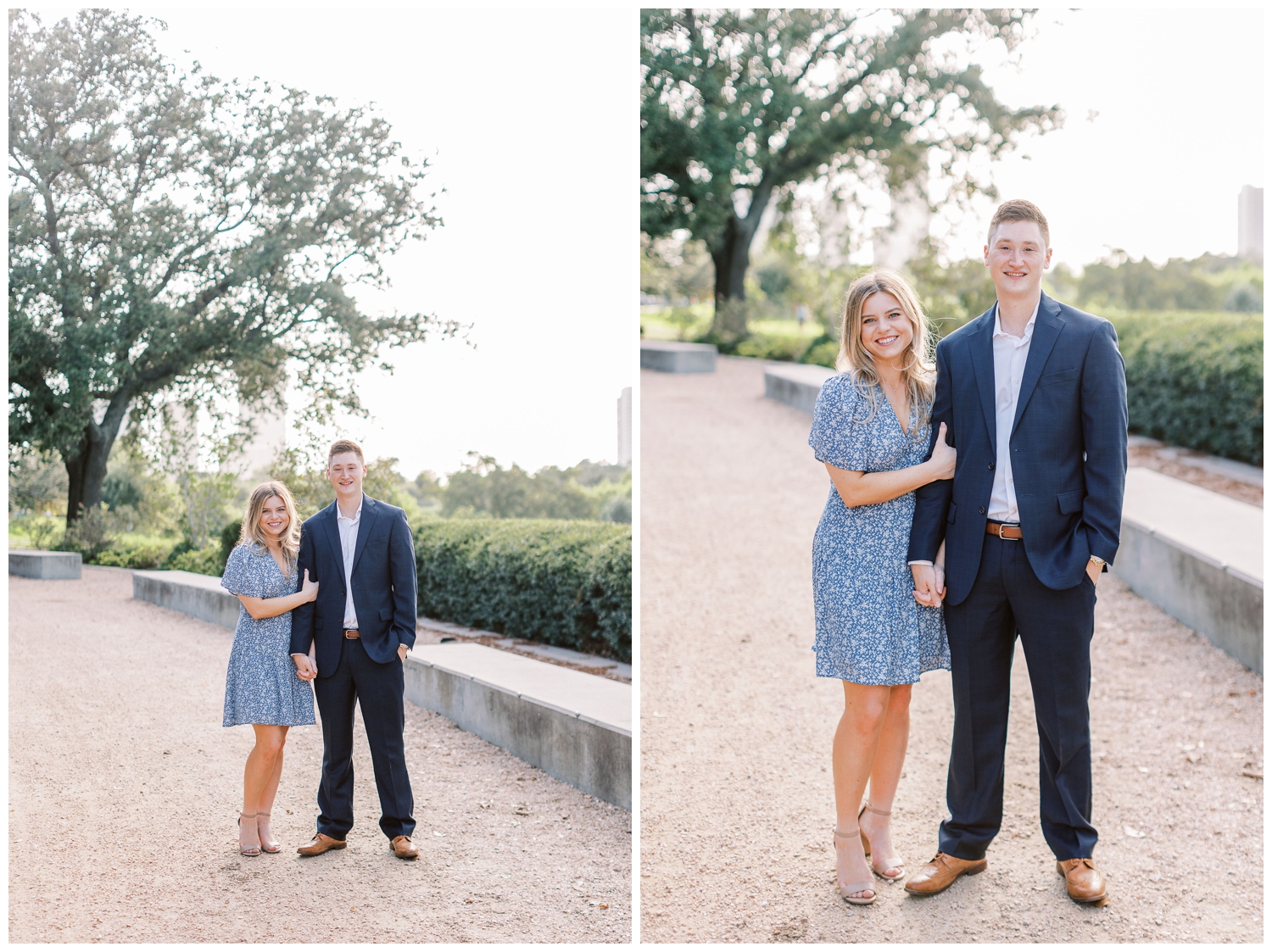 standing portraits of engaged couple on pathway at Eleanor Tinsley park in Houston Texas