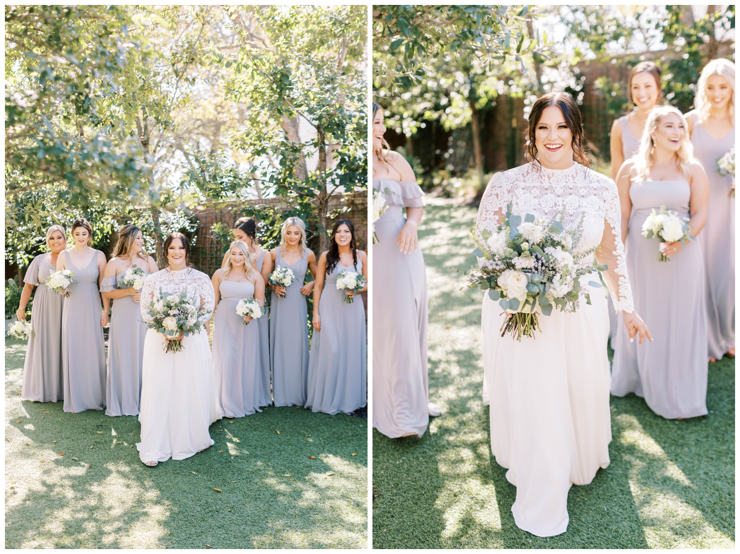 bride holding bouquet and walking with bridesmaids groom in blue tux portrait standing under tree for Austin outdoor wedding