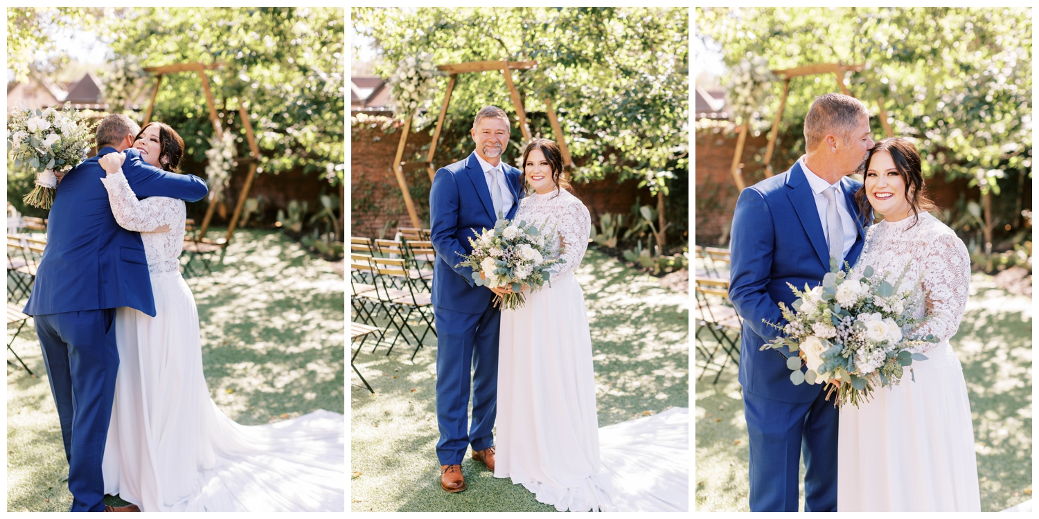 bride and father portraits outdoor under trees Austin outdoor wedding
