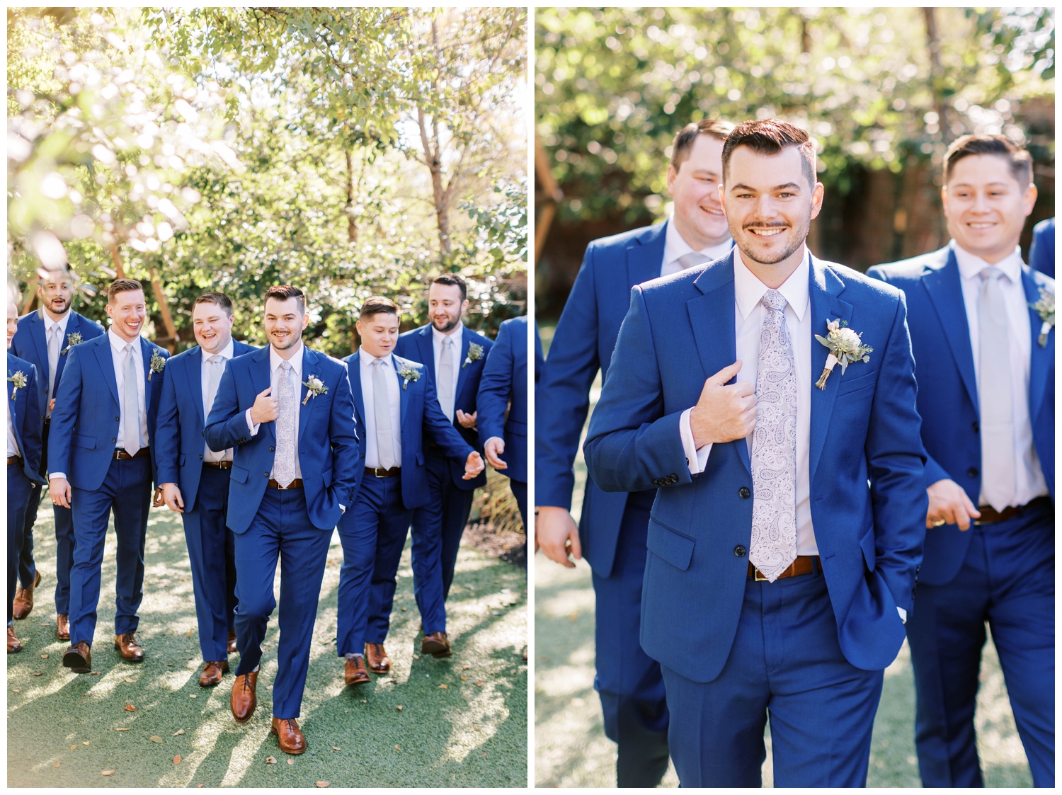 groom walking with groomsmen groom in blue tux portrait standing under tree for Austin outdoor wedding