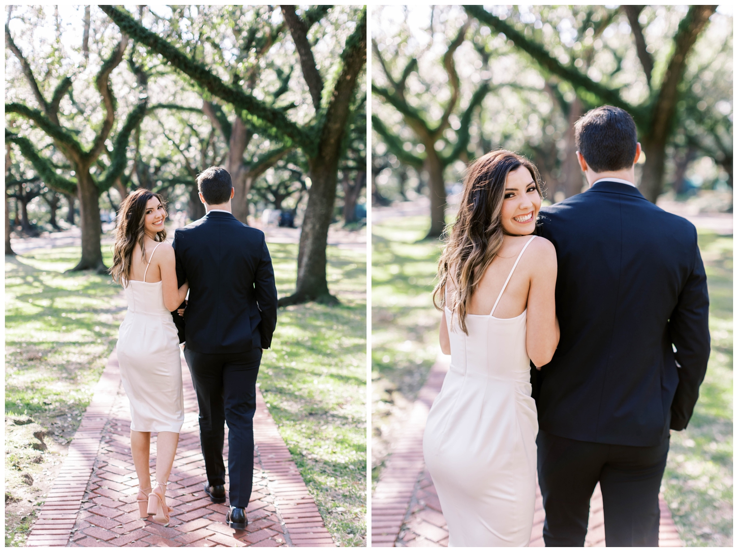 engaged couple walking away from camera in white formal dress and suit