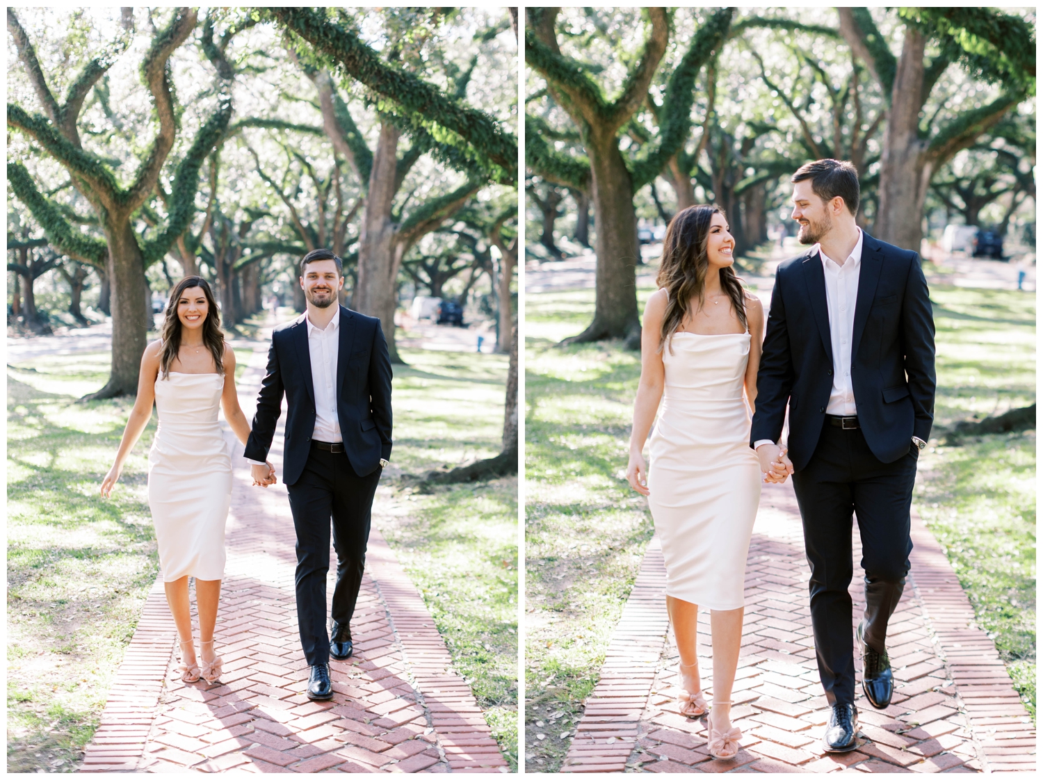 engaged couple in formal attire holding hands walking for Galveston Wedding Photographer