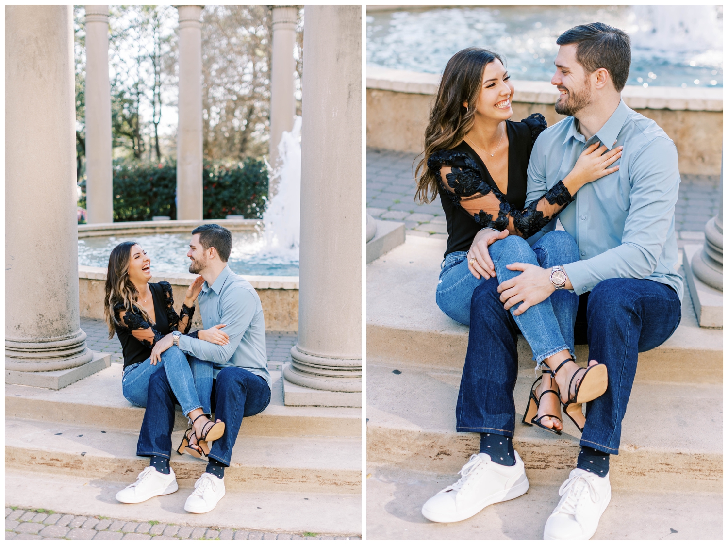 engaged couple sitting in front of fountain Hermann Park Galveston Wedding Photographer