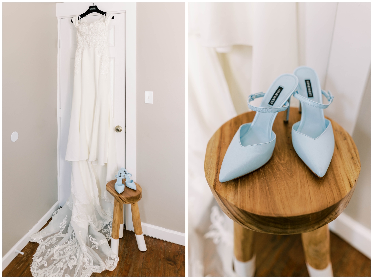 brides dress hanging and baby blue wedding heels