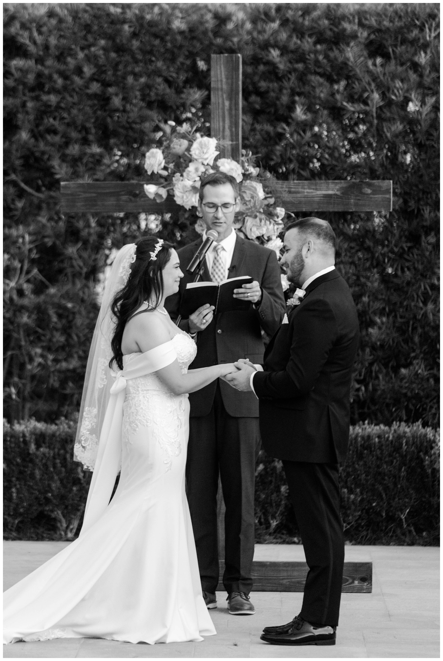 bride groom black white image ring exchange McGovern Centennial Gardens Wedding ceremony