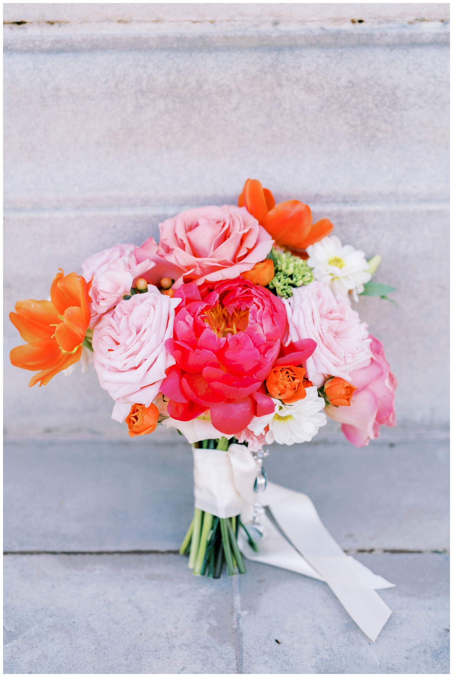 orange, hot pink and pink floral bouquet