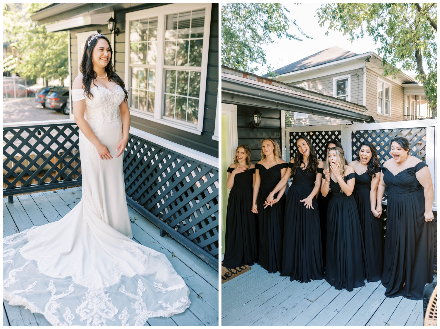 brides reveal to bridesmaids in black dresses Houston Texas