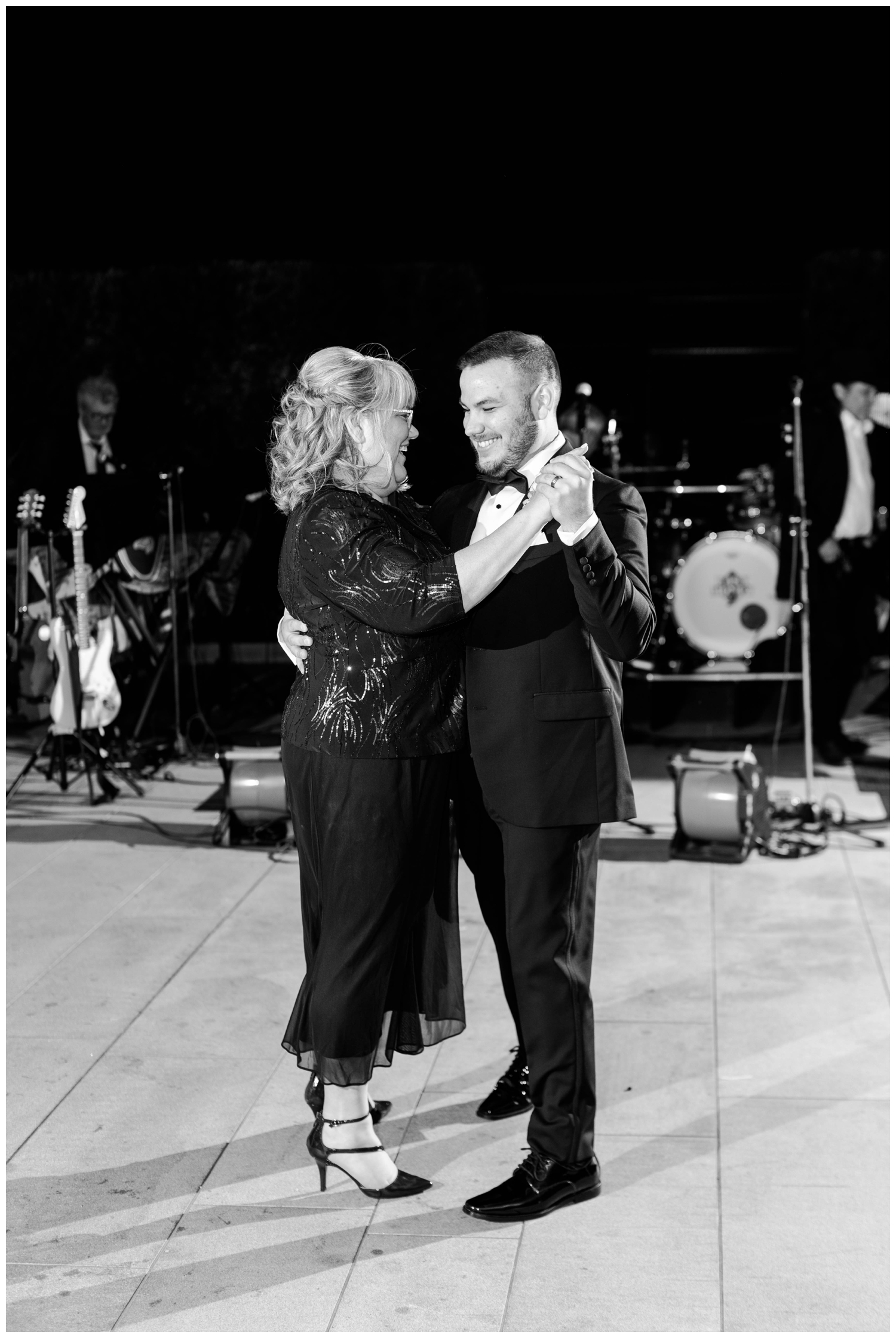 black white image groom and mother dancing McGovern Centennial Gardens Wedding