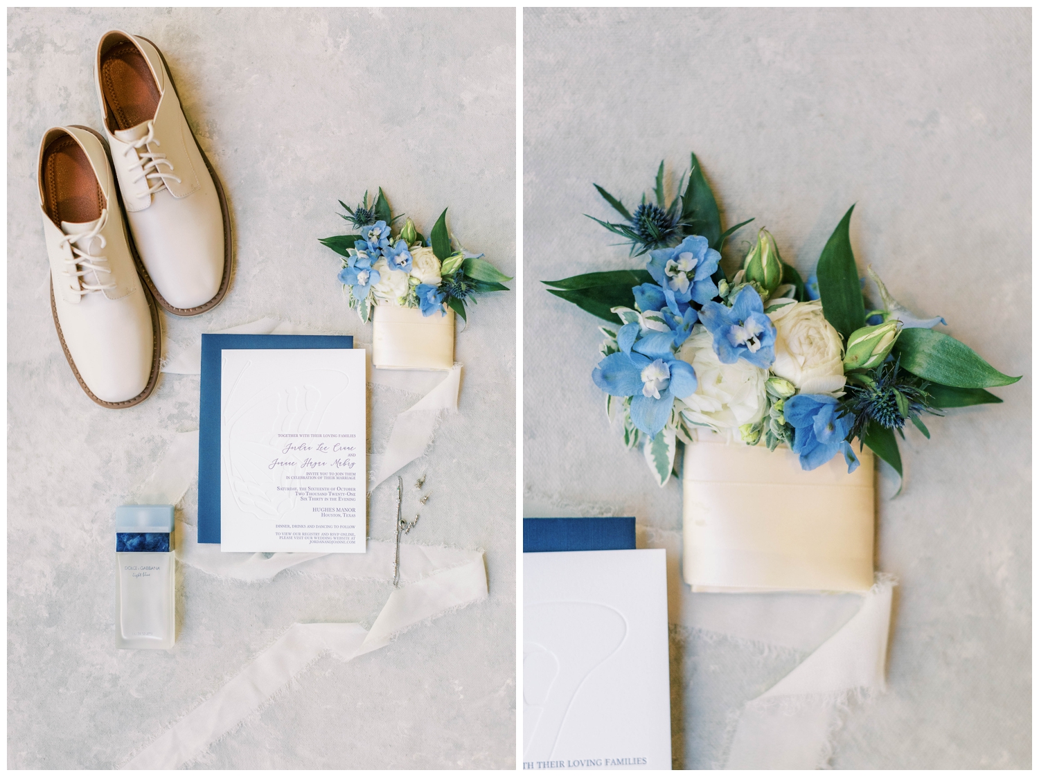 white and blue wedding invitation suite