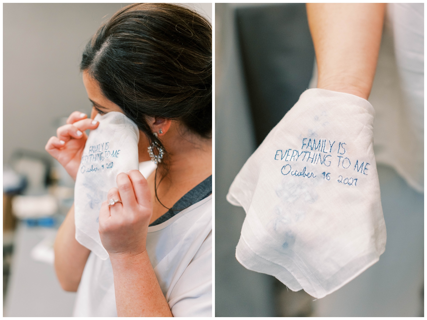 bride wiping tears with monogrammed handkerchief