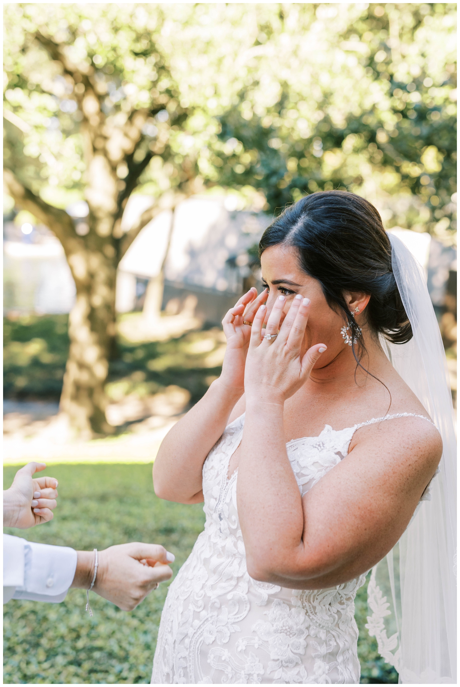 bride crying during first look