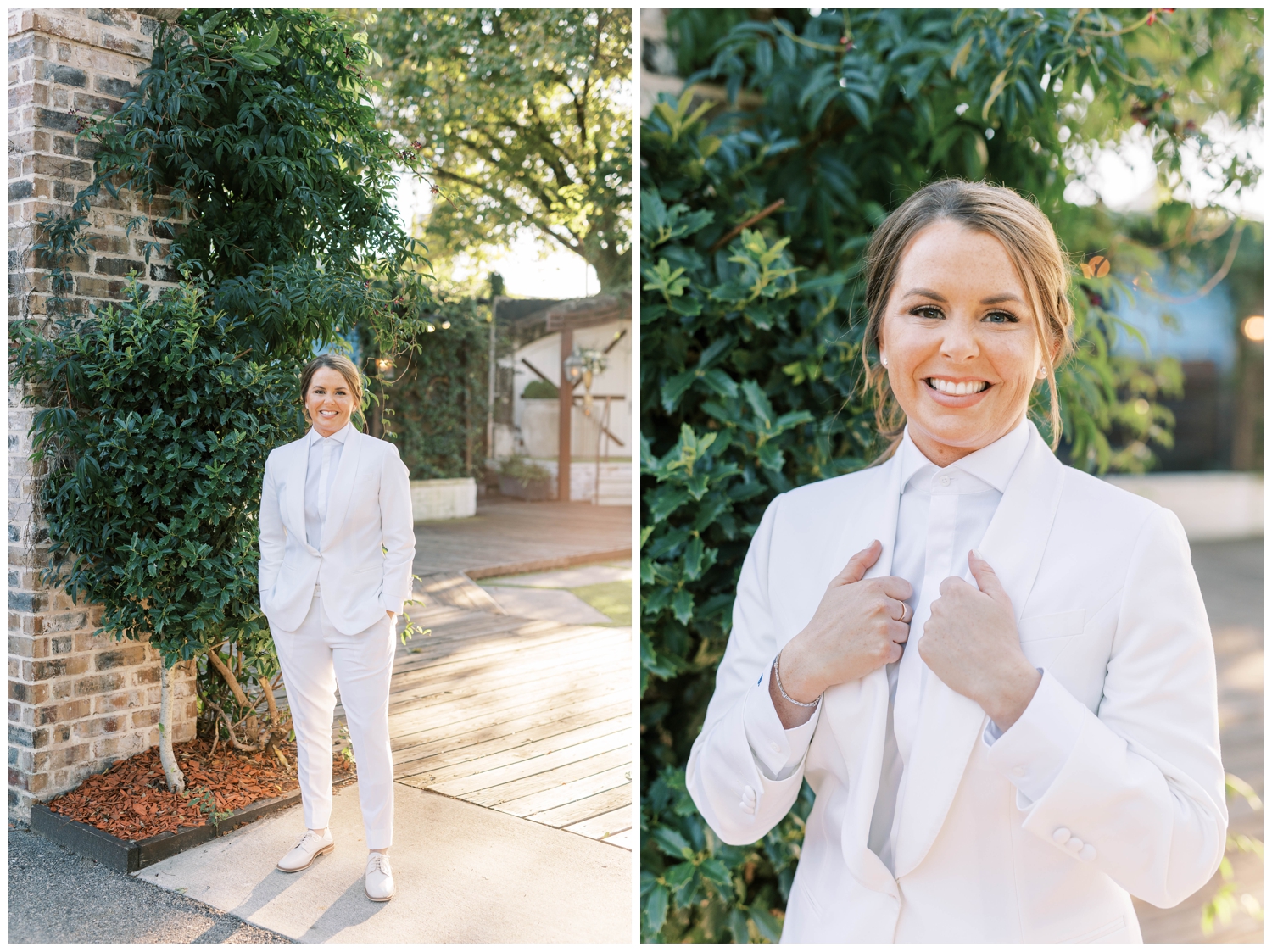 bride in all white suit with hands on jacket