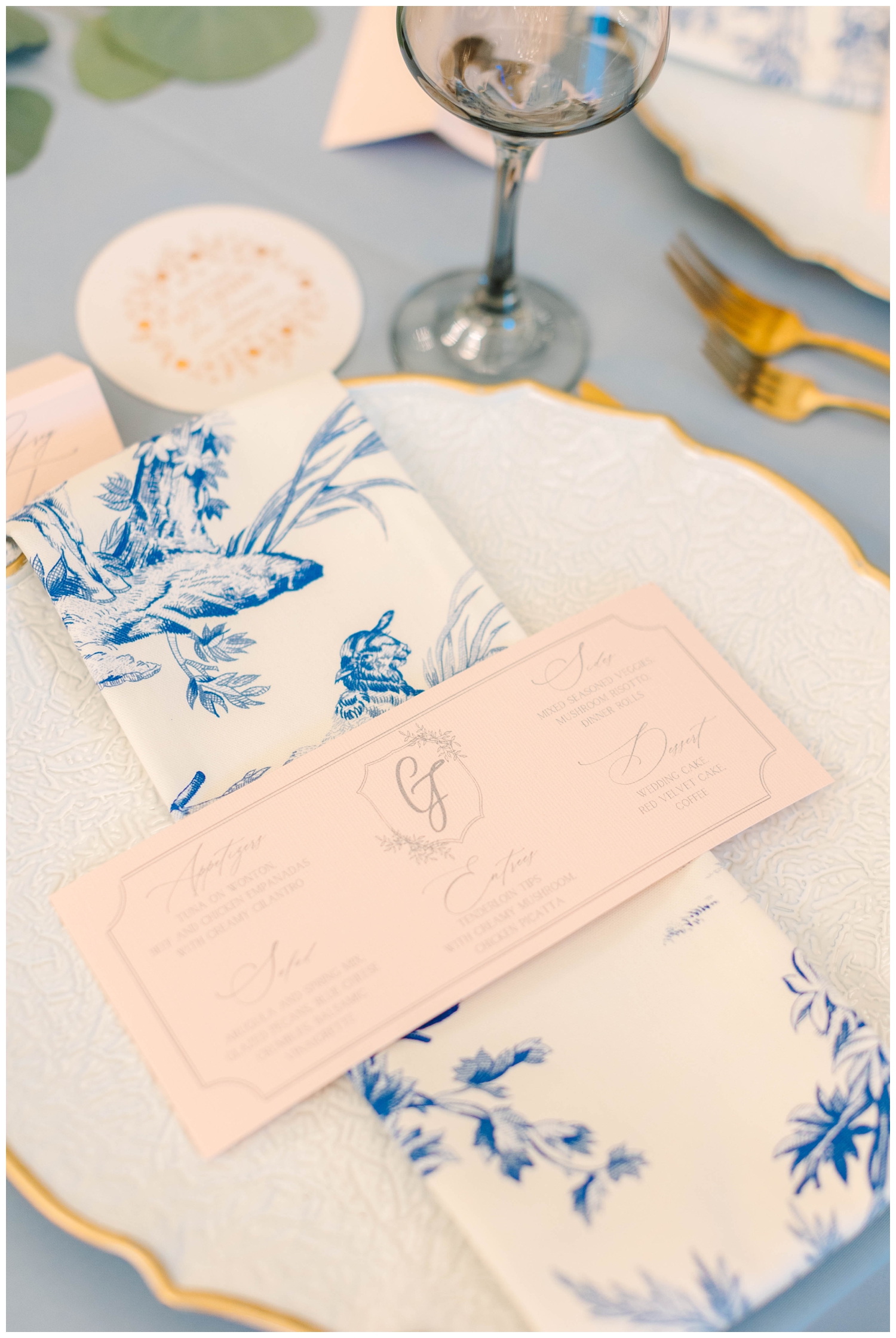 white and blue place setting