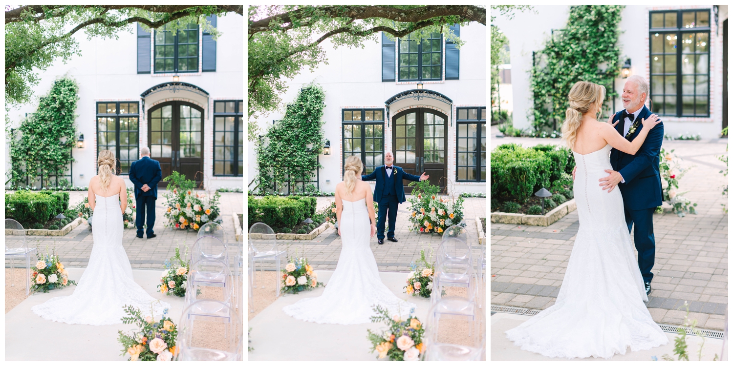 father daughter first look portraits outside under live oak tree at The Peach Orchard wedding venue