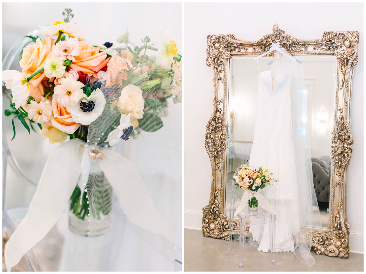 wedding gown and peach bouquet hanging from a mirror