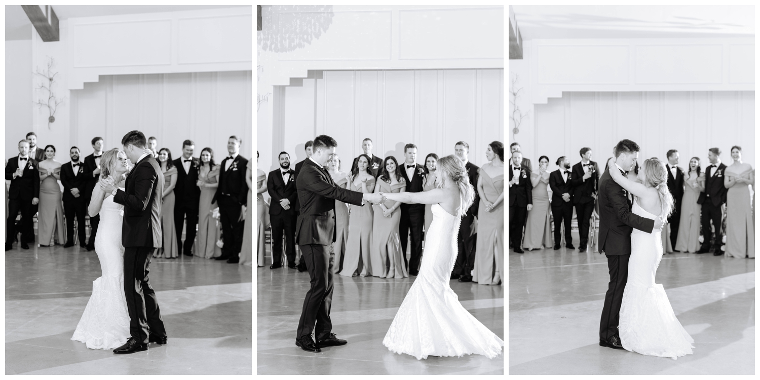black and white portrait of bride and groom first dance