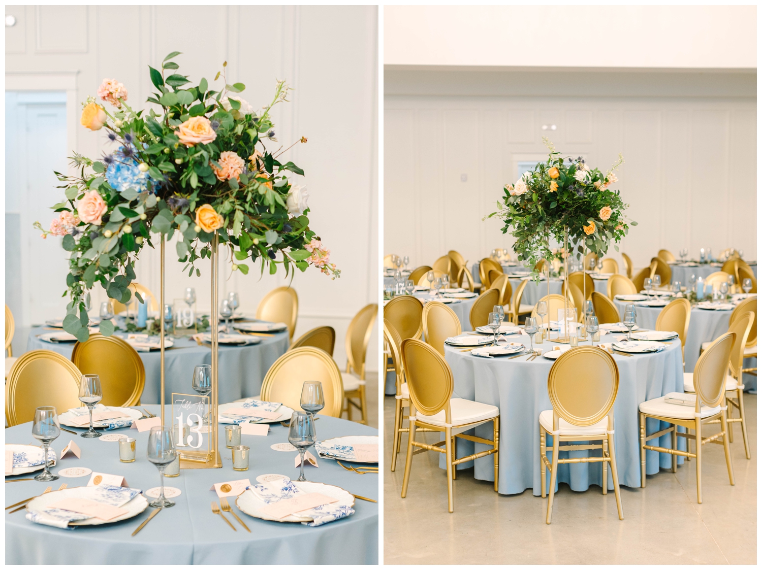 tables with gold chair, blue lines and peach and orange florals
