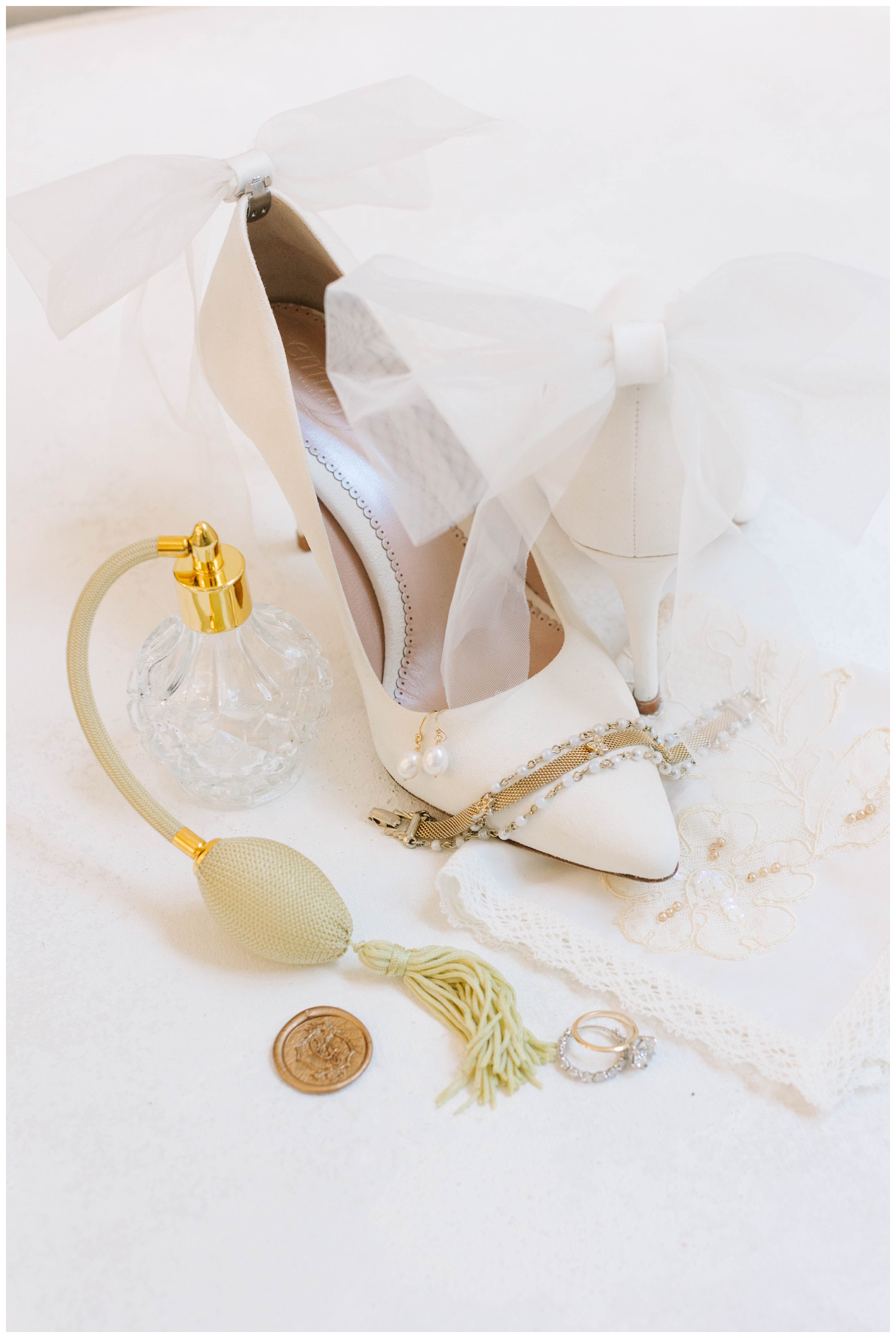 flatlay of cream wedding heels