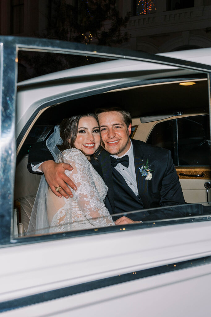Vintage car wedding exit
