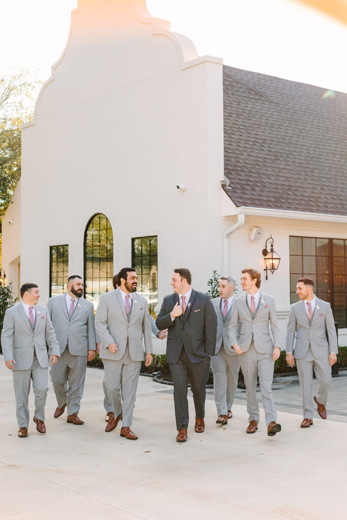 Wedding Party Photos Outside of The Peach Orchard - The Woodlands Wedding Venue