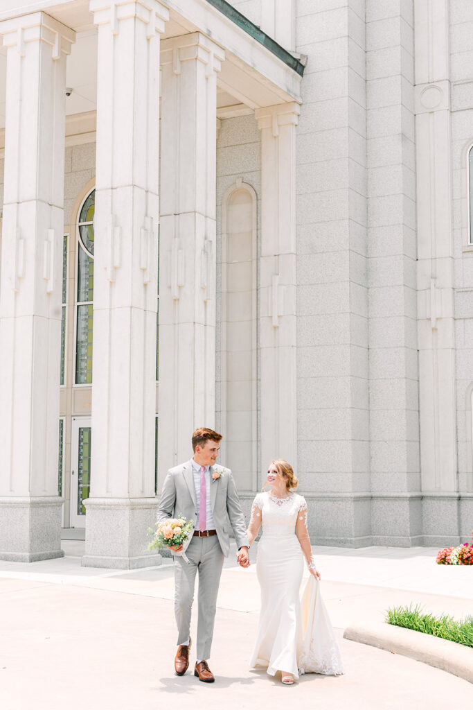 Bride and groom LDS wedding portraits outside of The Houston Texas Temple