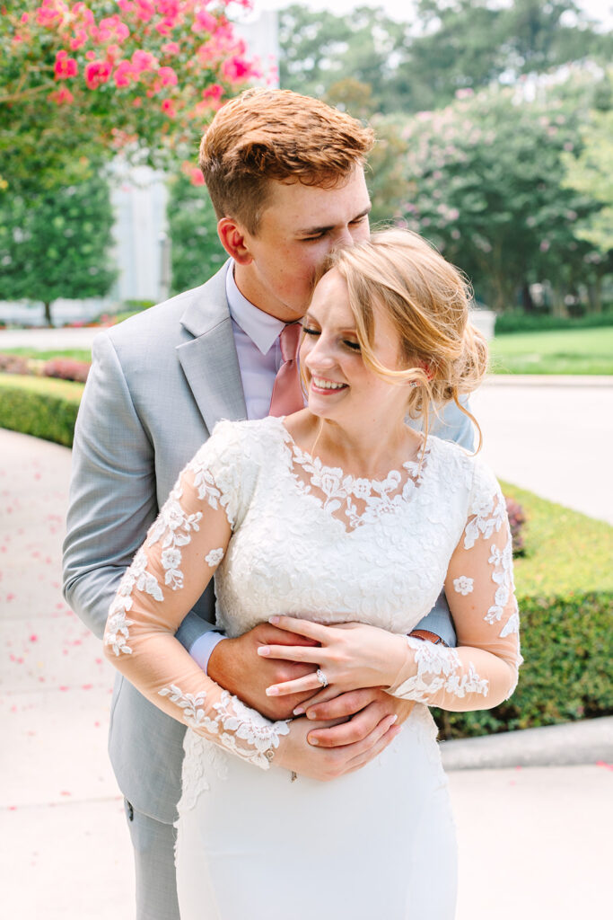 Bride and groom LDS wedding portraits outside of The Houston Texas Temple