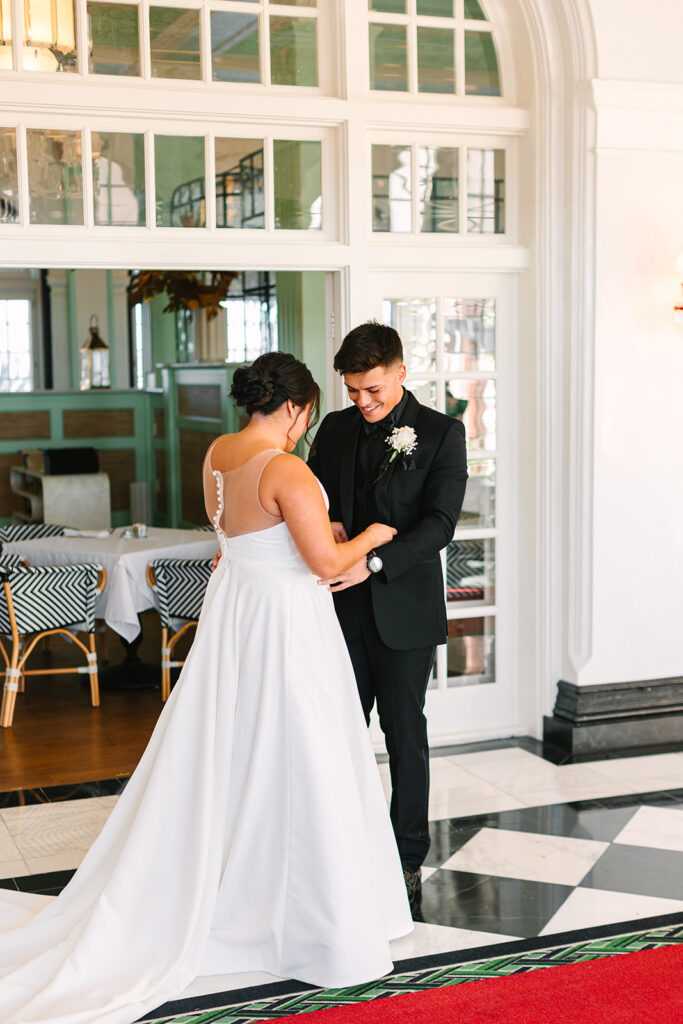 Bride and grooms first looks during their Grand Galvez Galveston wedding